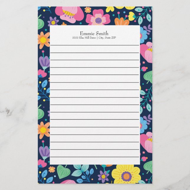 Personalised Colourful Floral Lined Stationery (Front)