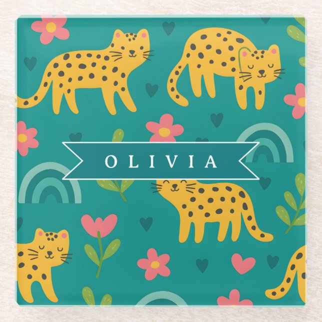 Personalised Colourful Fun Leopard Jungle Name Gif Glass Coaster (Front)