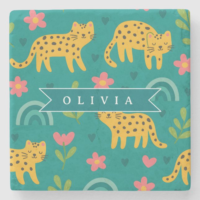 Personalised Colourful Fun Leopard Jungle Name Gif Stone Coaster (Front)