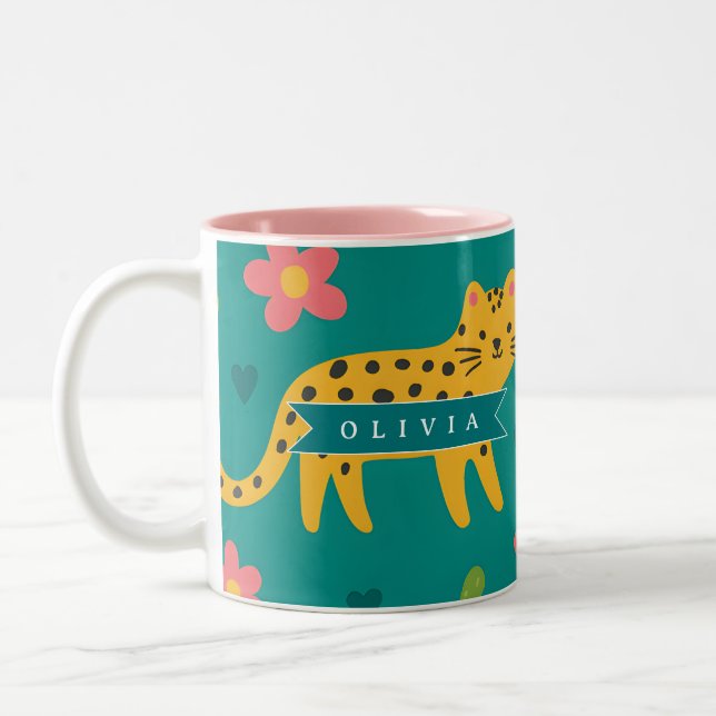 Personalised Colourful Fun Leopard Jungle Name Gif Two-Tone Coffee Mug (Left)