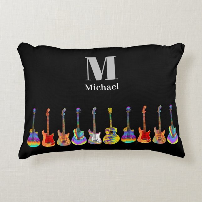Personalised Colourful Guitars on Black Decorative Cushion (Front)