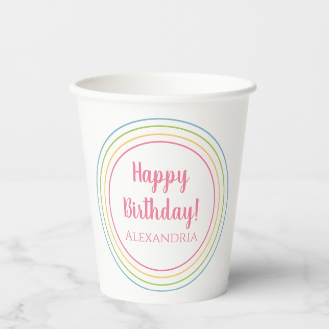 Personalised Colourful Happy Birthday Pastel Pink Paper Cups (Front)