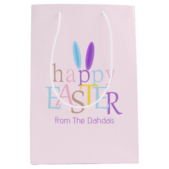 Personalised Colourful Happy Easter Bunny Ears Pin Medium Gift Bag (Front)