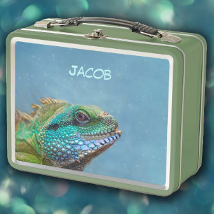 Personalised Colourful Iguana Reptile Metal Lunch Box