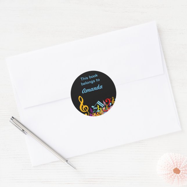 Personalised Colourful Jumbled Music Notes on Blac Classic Round Sticker (Envelope)