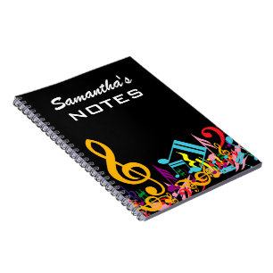 Personalised Colourful Jumbled Music Notes on Blac Spiral Notebook