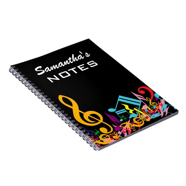 Personalised Colourful Jumbled Music Notes on Blac Spiral Notebook (Right Side)