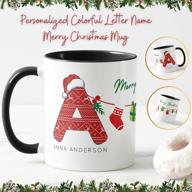 Personalised Colourful Letter Name Merry Christmas Mug (Creator Uploaded)