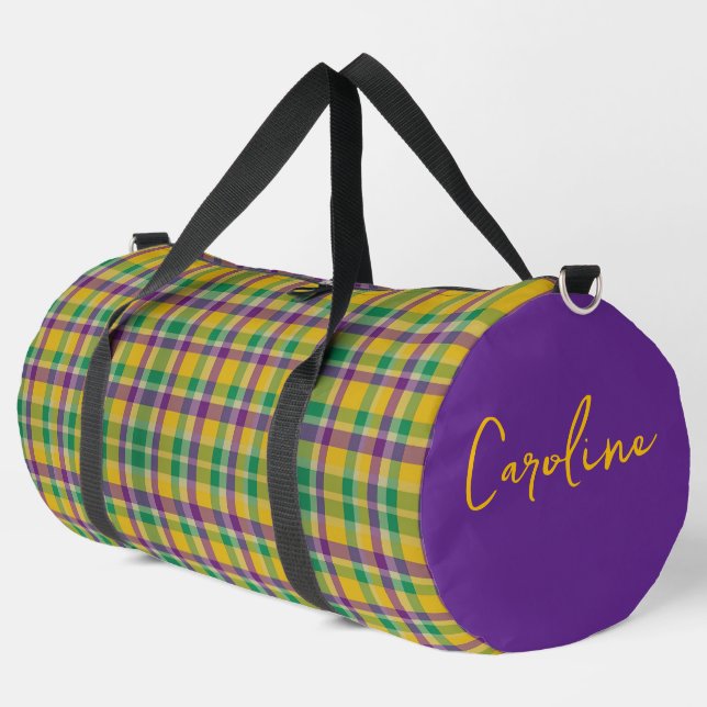 personalised Colourful Mardi Gras gingham patterne Duffle Bag (Left Corner)
