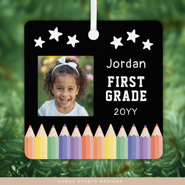 Personalised Colourful Photo First Grade Keepsake Metal Tree Decoration (Metal ornament shown, front and back are the same. Add your kid's photo, name, and grade.)
