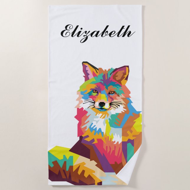 Personalised Colourful Pop Art Fox Beach Towel (Front)