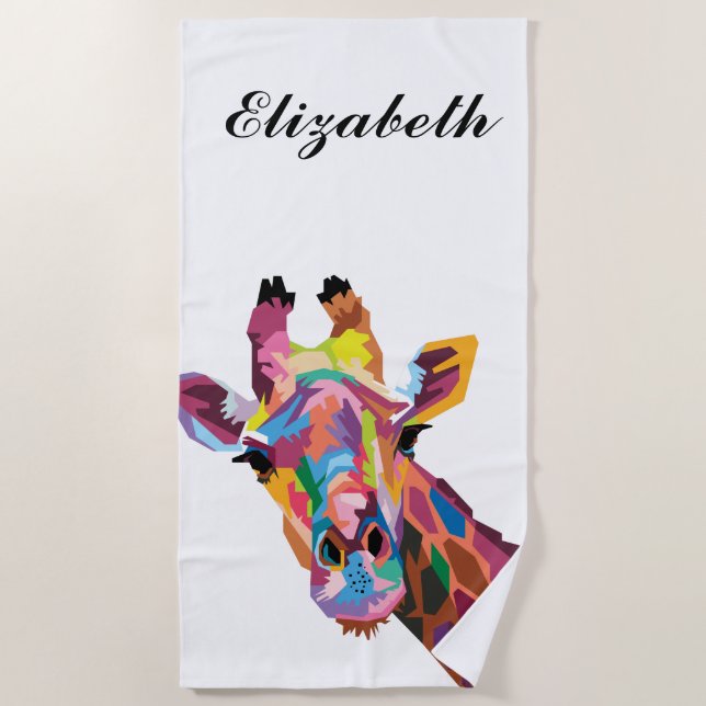 Personalised Colourful Pop Art Giraffe Beach Towel (Front)