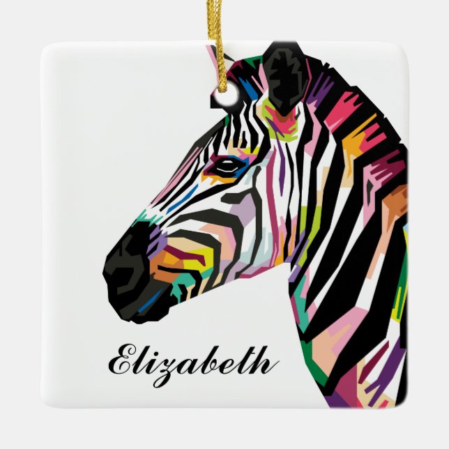 Personalised Colourful Pop Art Zebra Ceramic Tree Decoration (Front)