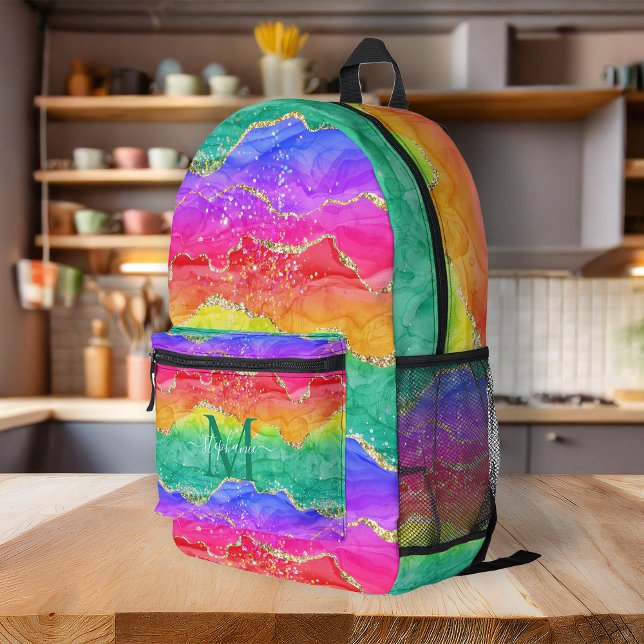 Personalised Colourful Rainbow Glitter Gold Agate Printed Backpack (Personalized Watercolor Summer Popsicle Pattern Printed Backpack)