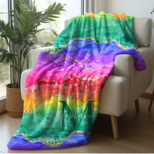Personalised Colourful Rainbow Glitter Gold Agate Sherpa Blanket