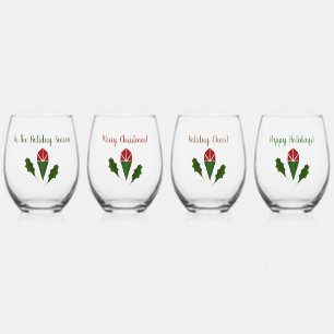Personalised Colourful Red Roses & Holly Christmas Stemless Wine Glass