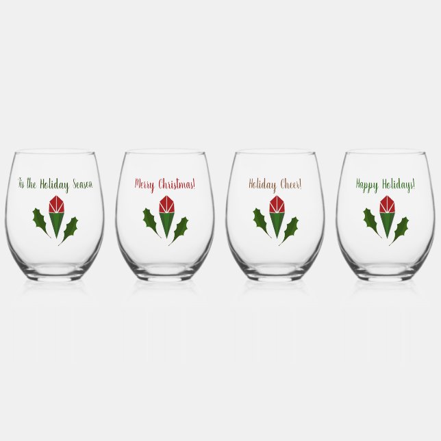 Personalised Colourful Red Roses & Holly Christmas Stemless Wine Glass (Front)