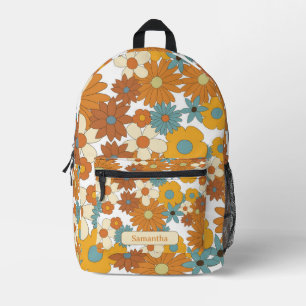 Personalised Colourful Retro Flower Pattern Name Printed Backpack