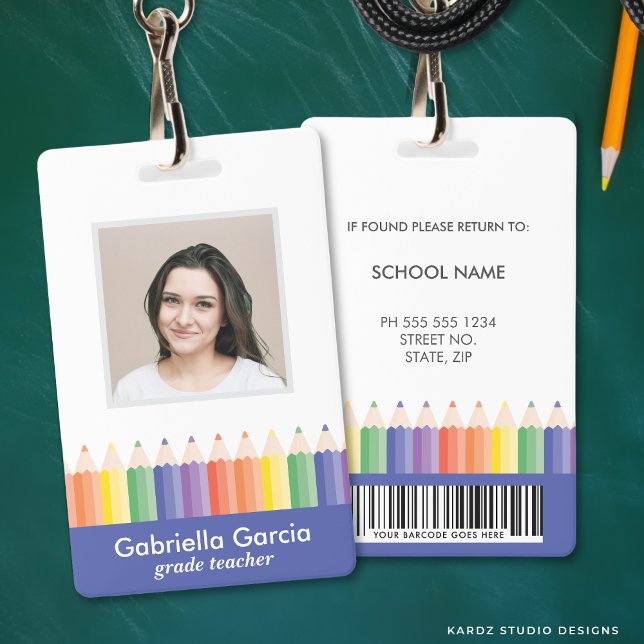 Personalised Colourful School Teacher Bar Code ID Badge (Front and back are shown. Customize and choose attachment: lanyard, retractable, or metal clip)