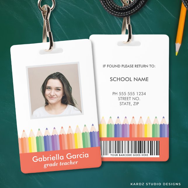 Personalised Colourful School Teacher Code ID badg Badge (Front and back are shown. Customize and choose attachment: lanyard, retractable, or metal clip)