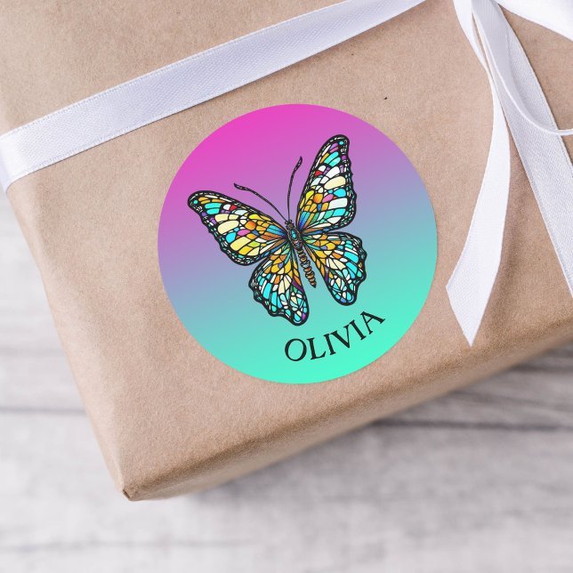 Personalised Colourful Stained Glass Butterfly Classic Round Sticker (Creator Uploaded)