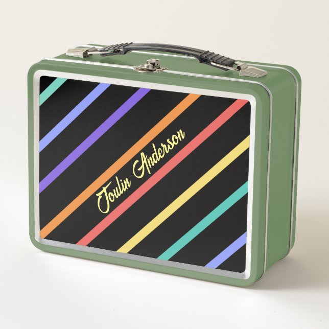 Personalised Colourful Striped Pattern Metal Lunch Box (Front)