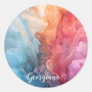 Personalised Colourful Sunset on Sea Alcohol Ink Classic Round Sticker