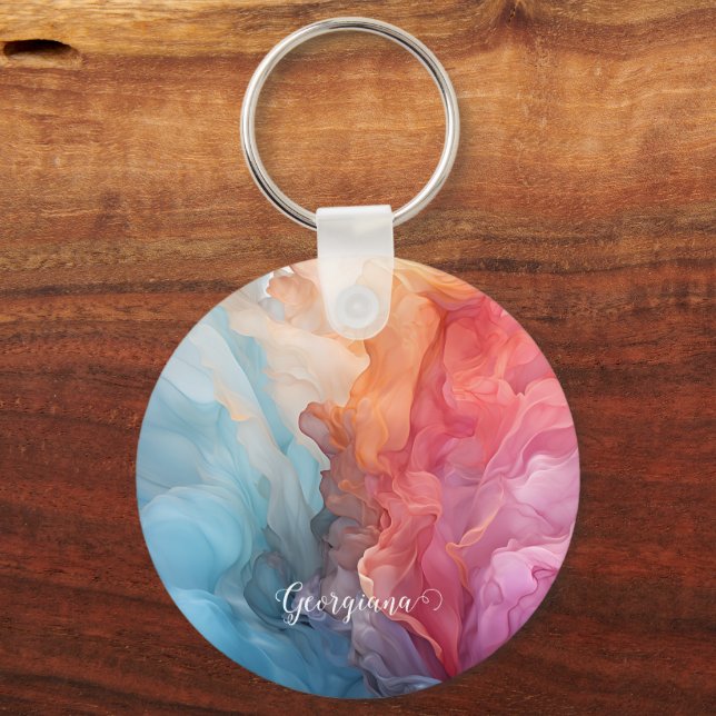 Personalised Colourful Sunset on Sea Alcohol Ink Key Ring (Front)