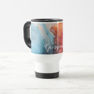 Personalised Colourful Sunset on Sea Alcohol Ink Travel Mug