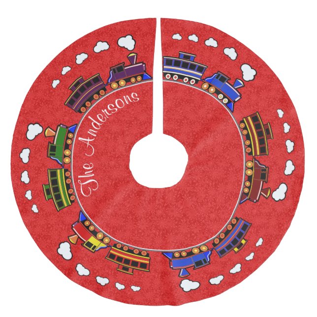 Personalised Colourful Toy Trains Brushed Polyester Tree Skirt (Front)