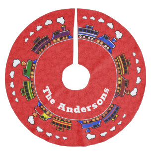 Personalised Colourful Toy Trains on Red Brushed Polyester Tree Skirt
