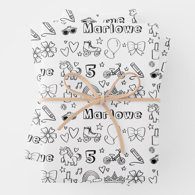 Personalised Colouring Birthday Rainbows Unicorns Wrapping Paper Sheet (In situ)