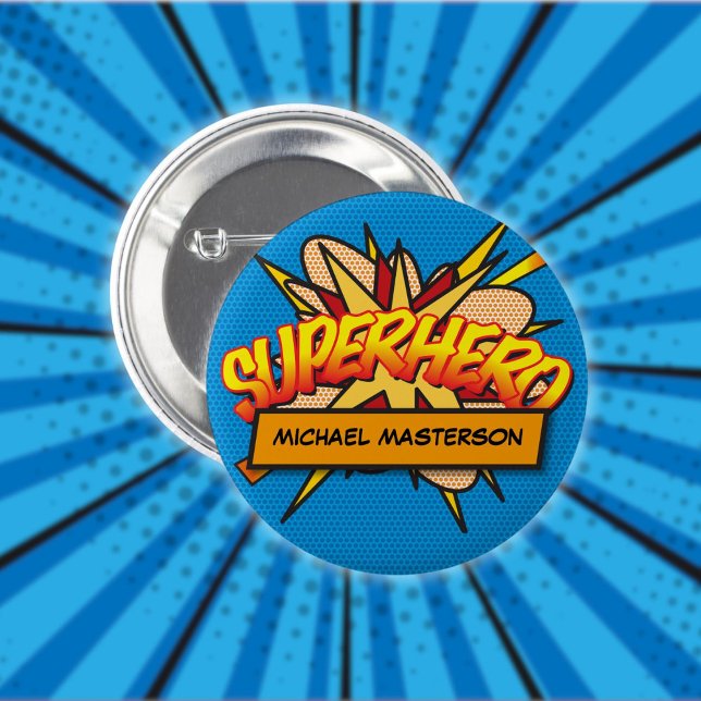 Personalised Comic Book Pop Art SUPERHERO 6 Cm Round Badge (Personalized Comic Book Pop Art SUPERHERO Button)