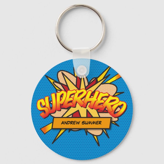 Personalised Comic Book Pop Art SUPERHERO Key Ring (Front)