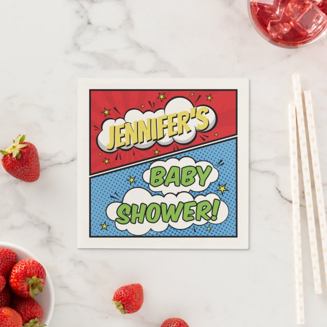 Personalised Comic Book Superhero Baby Shower Napkin (Insitu)