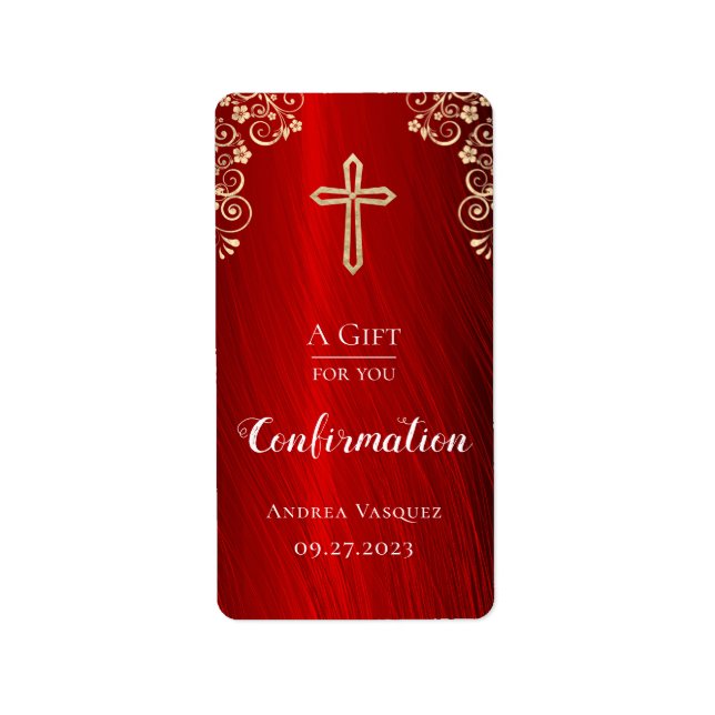 Personalised Confirmation Red Gold Hand Sanitizer  Label (Front)