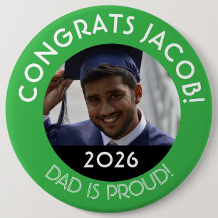 Personalised Congrats Grad Photo Dad Proud Green 6 Cm Round Badge