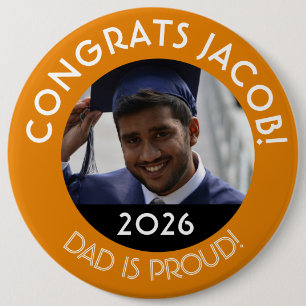 Personalised Congrats Grad Photo Dad Proud Orange 6 Cm Round Badge