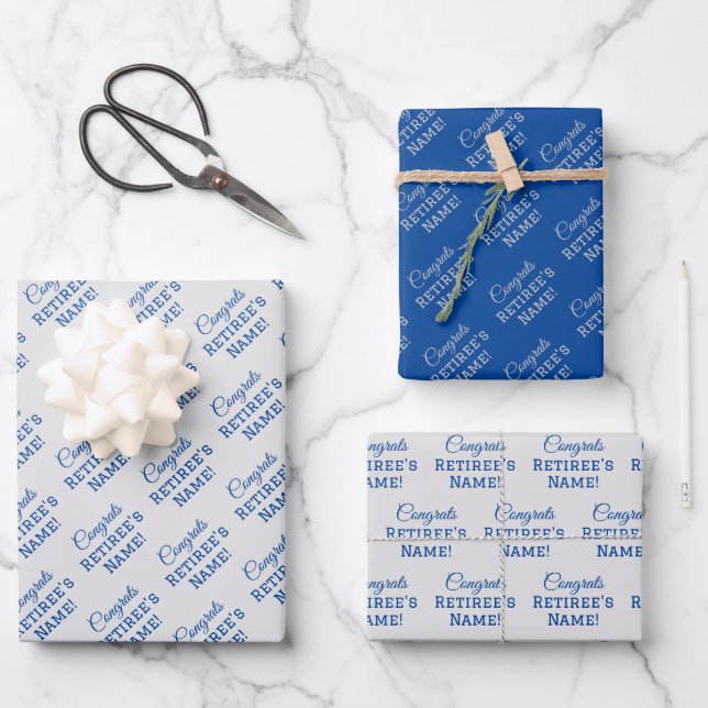 Personalised Congrats Retiree! Blue on Silver Wrapping Paper Sheet (Front)