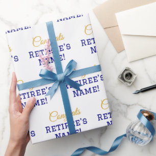 Personalised Congrats Retiree! Gold, Blue & White Wrapping Paper