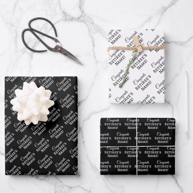 Personalised Congrats Retiree! White on Black Wrapping Paper Sheet (Front)