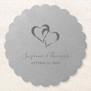Personalised Connected Hearts Silver Grey Paper Coaster