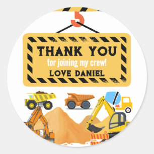 Personalised Construction Birthday Theme Thank You Classic Round Sticker