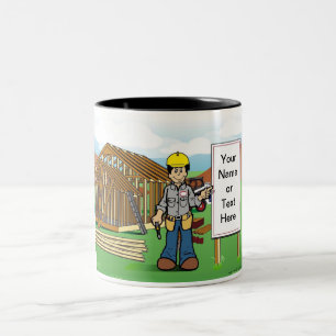 Personalised Construction, Home Builder Cartoon Two-Tone Coffee Mug