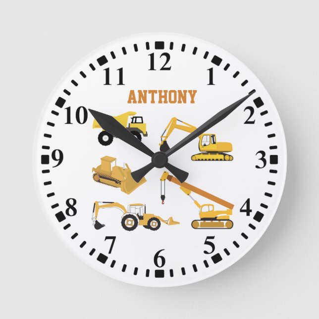 Personalised Construction Trucks Kids Round Clock (Front)