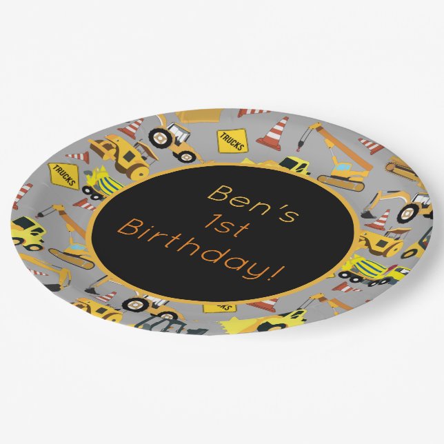 Personalised Construction Trucks Pattern Paper Plate (Angled)