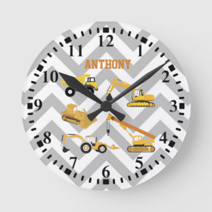 Personalised Construction Trucks Pattern Round Clock