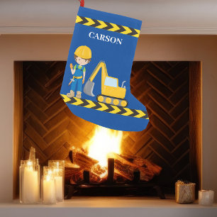 Personalised Construction Vehicle Boy Blue Kids Small Christmas Stocking