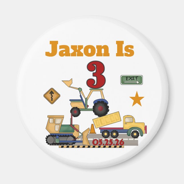 Personalised Construction Vehicles 3rd Birthday Magnet (Front)