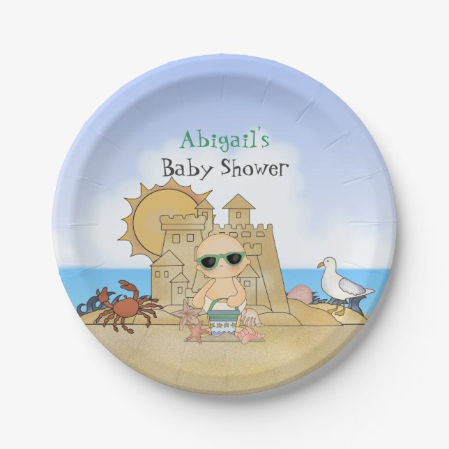 Personalised Cool Beach Baby Neutral Baby Shower Paper Plate (Front)